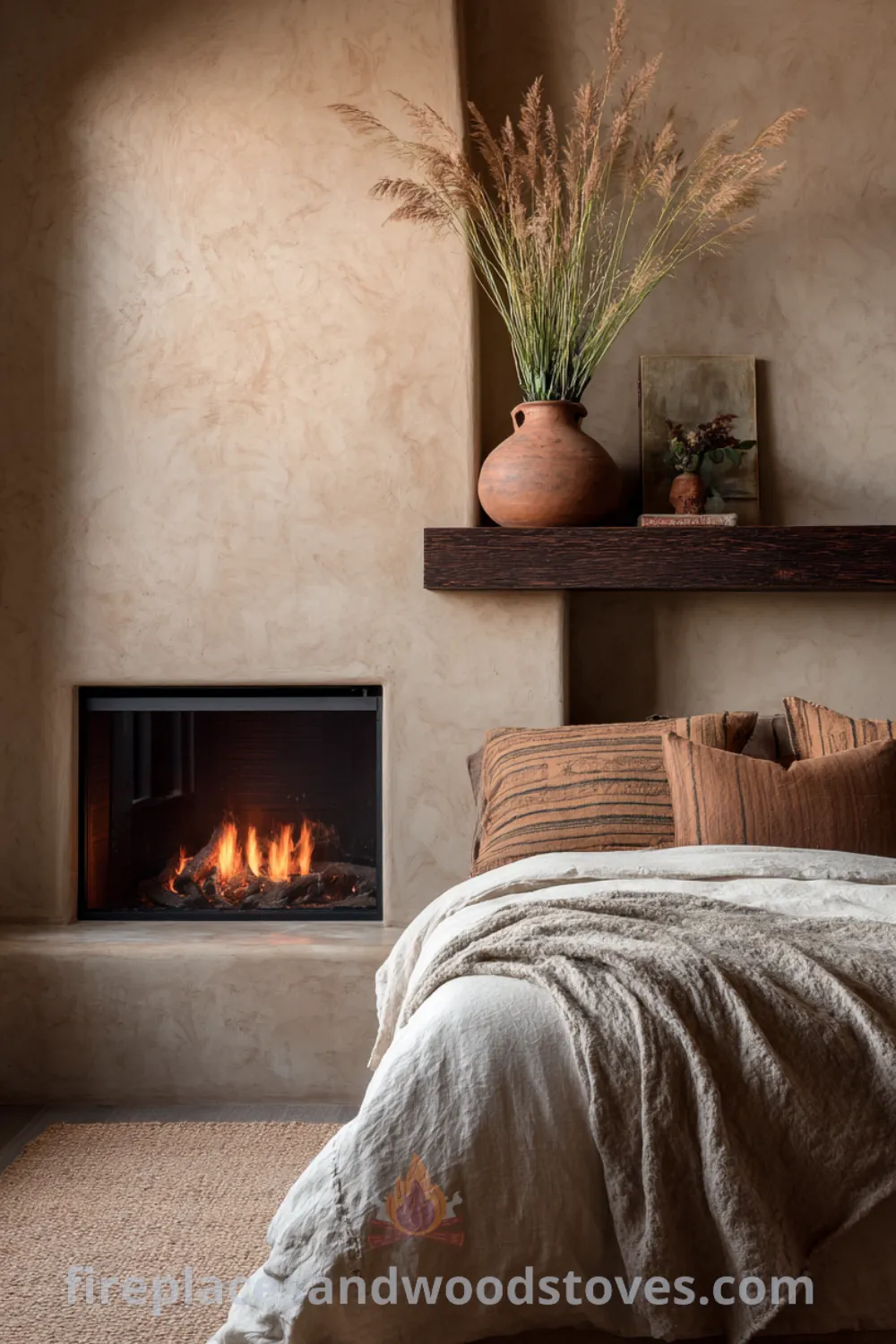 A cozy bedroom features a hygge fireplace with textured plaster, thick wool rug, and soft linen bedding in earthy tones.
