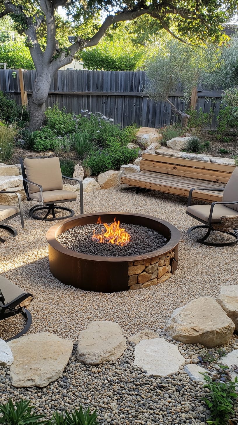 A rustic fire pit surrounded by a pebble-covered floor, featuring comfortable seating and natural stone benches in a lush backyard garden.