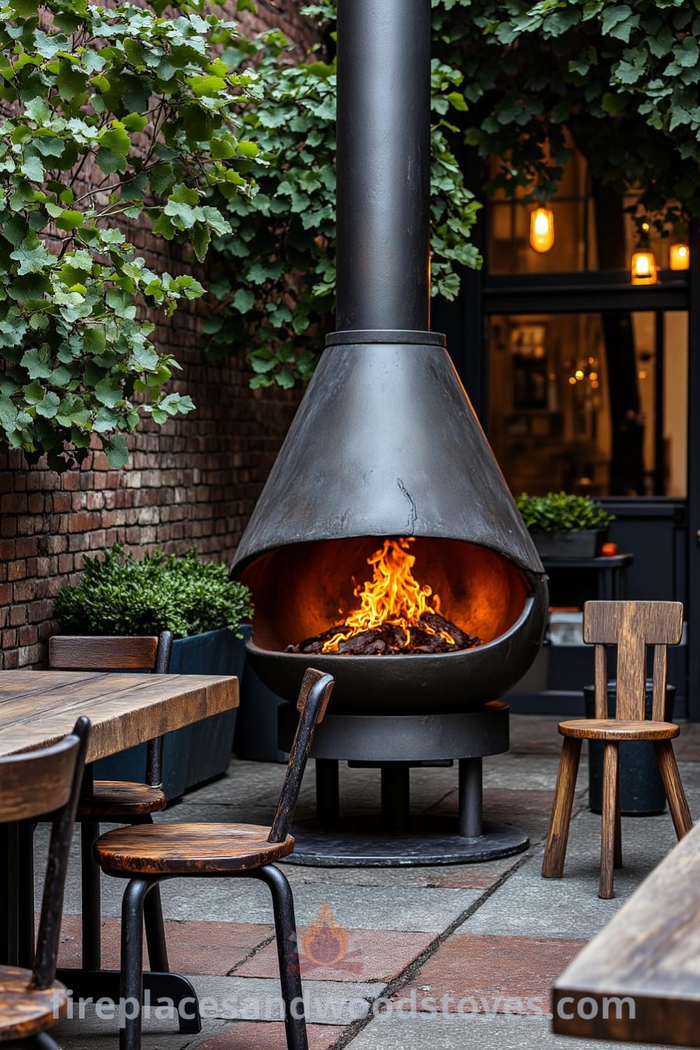 Industrial steel outdoor fireplace in an urban patio surrounded by greenery, featuring flickering flames, weathered bricks, rustic wooden tables, and mismatched chairs, inspiring cozy home decor ideas at fireplacesandwoodstoves.com.