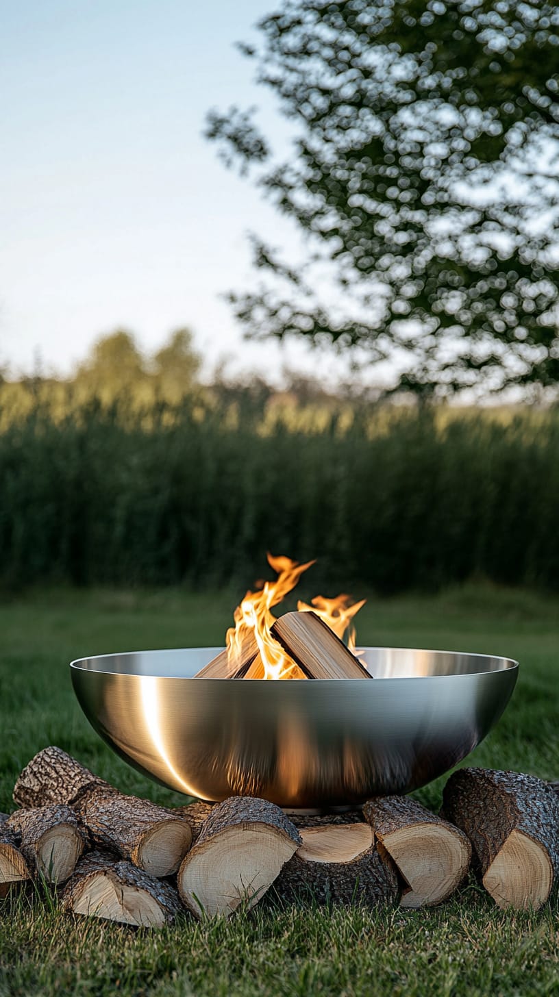 A stainless steel fire bowl filled with burning wood surrounded by cut logs on green grass, with trees and a blue sky in the background, illuminated by evening light.