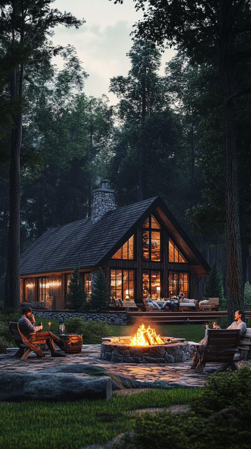 A cozy cabin in the woods with large windows, people sitting around an outdoor fire pit at night, enjoying drinks and conversation.