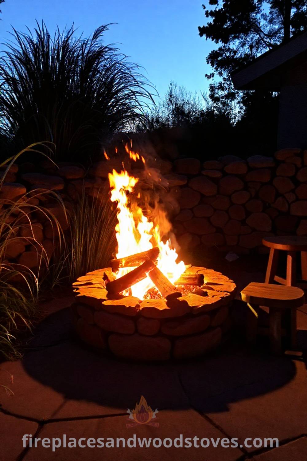 Cozy backyard fire pit with a stone base, surrounded by swaying grasses and wooden stools, creating an inviting outdoor atmosphere for gathering and storytelling under the stars. Visit patioandhomefurniture.com for incredible outdoor design inspiration.