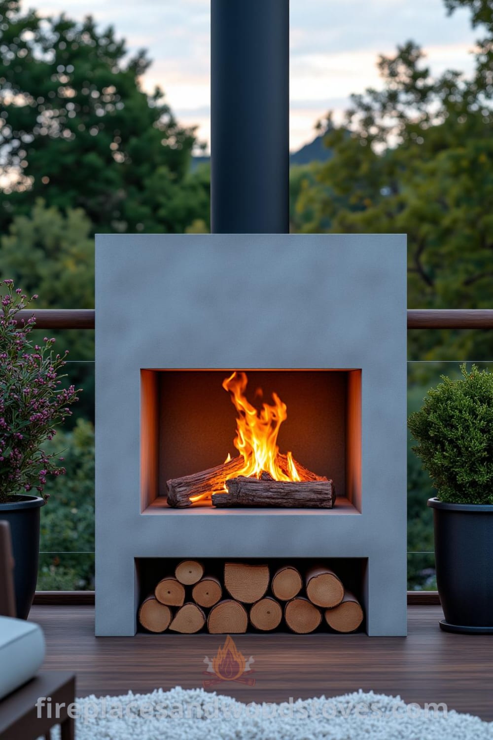 Minimalist concrete outdoor fireplace on a wooden deck with flickering flames, surrounded by potted plants and a starlit sky, creating a cozy atmosphere for gatherings, featured on fireplacesandwoodstoves.com.