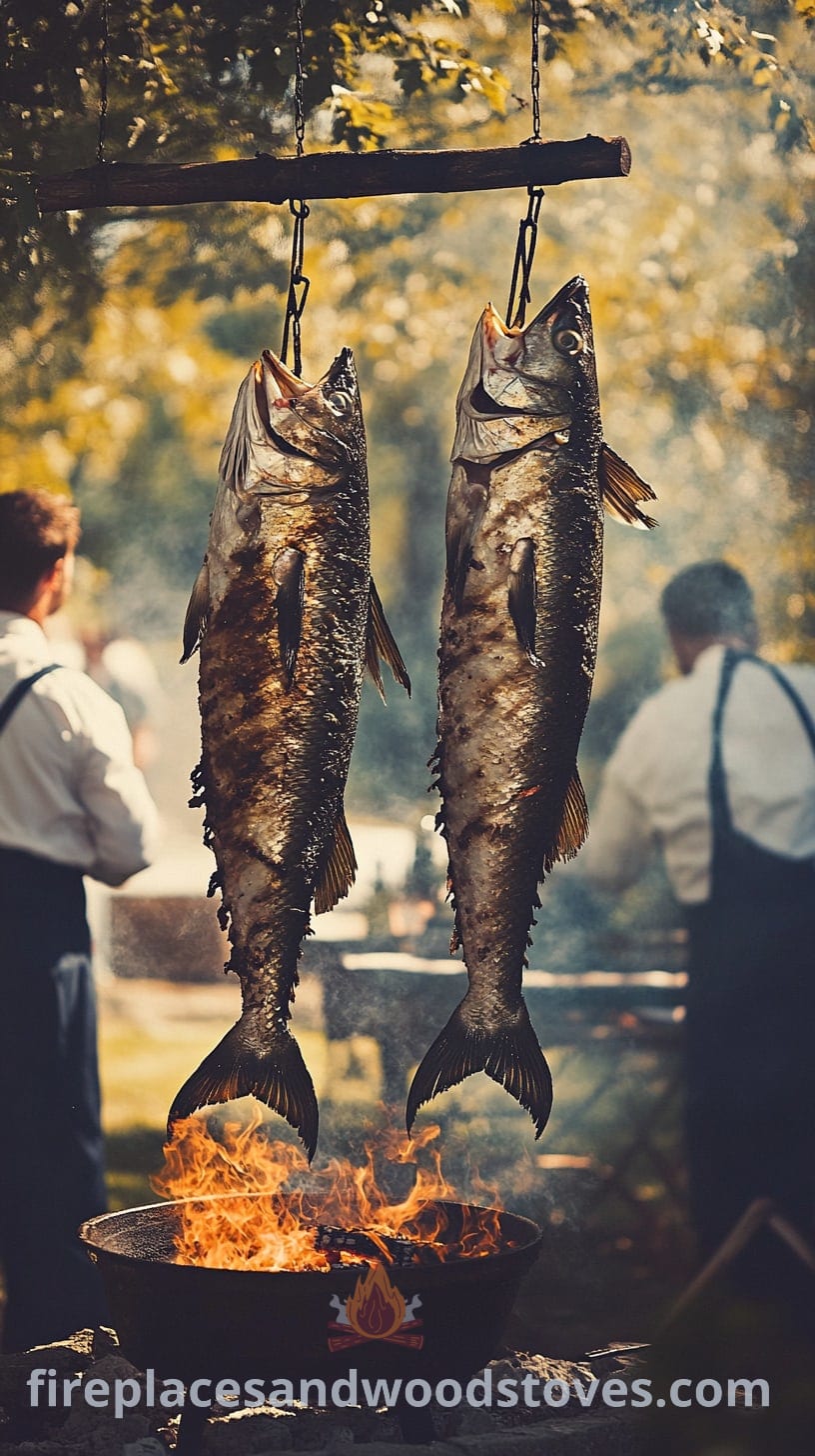 Two large fish hanging over an open fire with people in aprons gathered around in a sunny park setting.