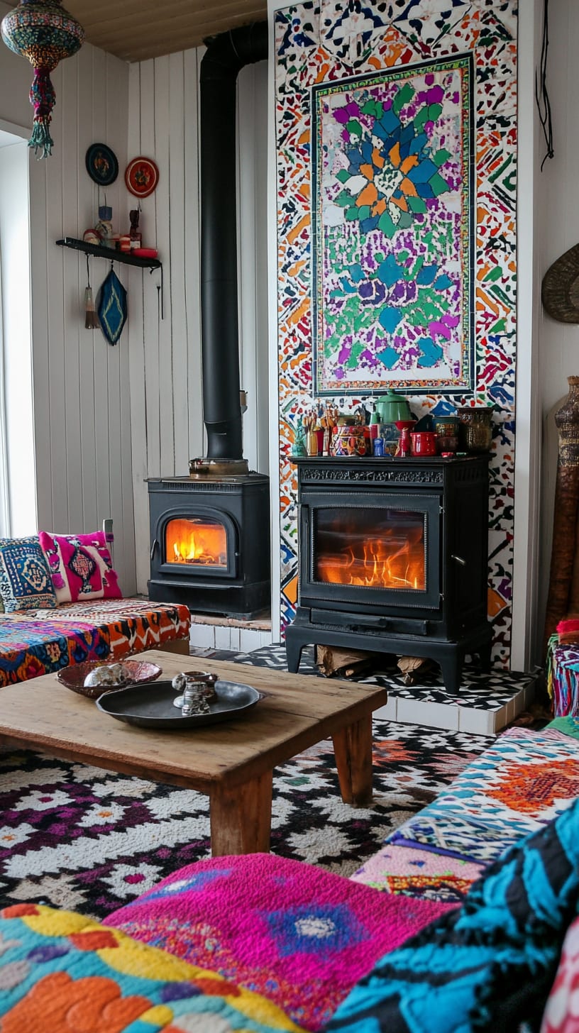 A colorful bohemian-style living room featuring a patterned wall, wood-burning stove, and layered cushions and blankets for a cozy atmosphere.