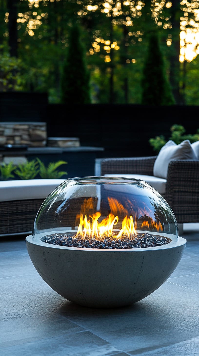 A modern fire bowl with a glass dome covering flames, set on a patio with seating and plants in the background.