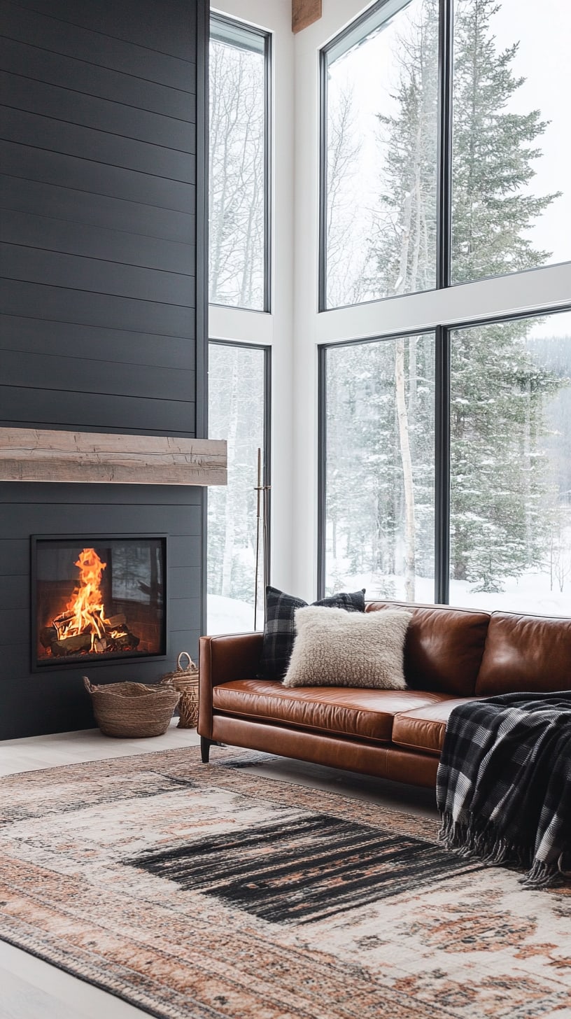 A modern living room featuring black shiplap walls, large windows revealing a snowy forest, a leather couch, and a fireplace, all arranged for a cozy winter ambiance.