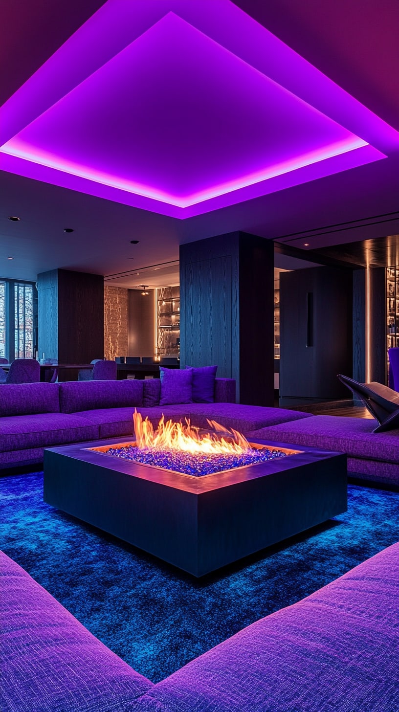 A luxurious living room featuring a purple neon light ceiling, a central fire pit surrounded by comfortable seating, and plush blue carpeting.