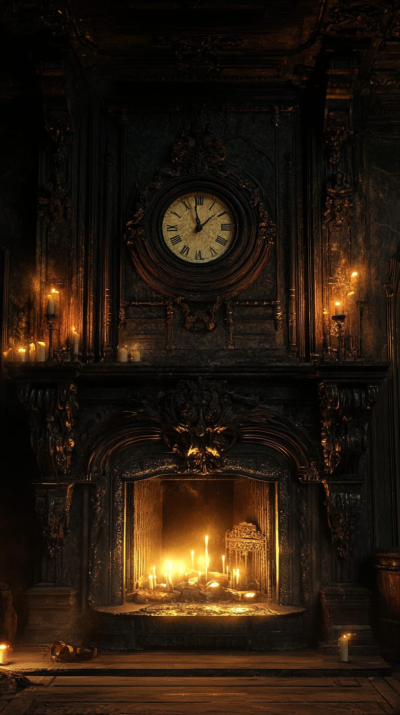 A gothic fireplace adorned with an ornate clock, flickering candles, and intricate carvings, set in a dimly lit room that creates a mysterious and cozy atmosphere.