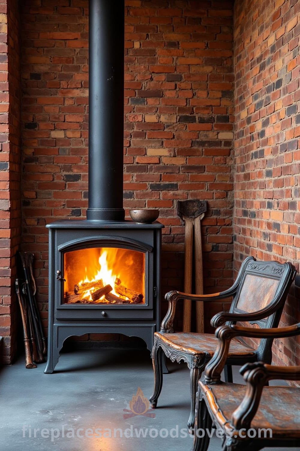 Industrial metal pipe woodstove fireplace in an urban loft setting, with exposed brick walls, flickering flames, mismatched chairs, and scattered logs, showcasing cozy design ideas and unique decor inspirations. Visit fireplacesandwoodstoves.com for more inspiring ideas for your home.