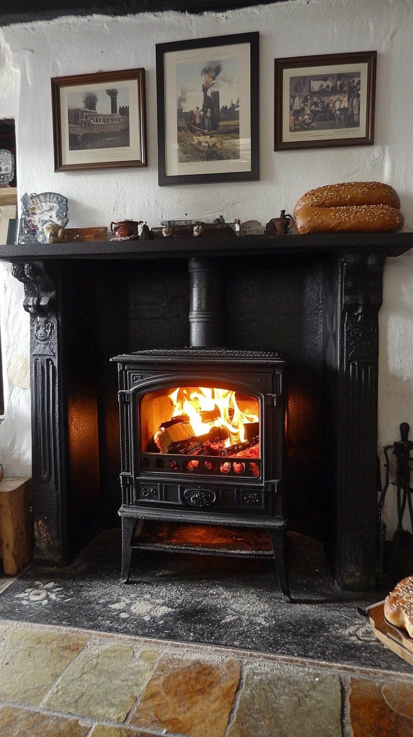 An inviting interior of a traditional Irish cottage featuring a black cast-iron stove with a fire burning, framed pictures on the wall, and a loaf of bread beside it.