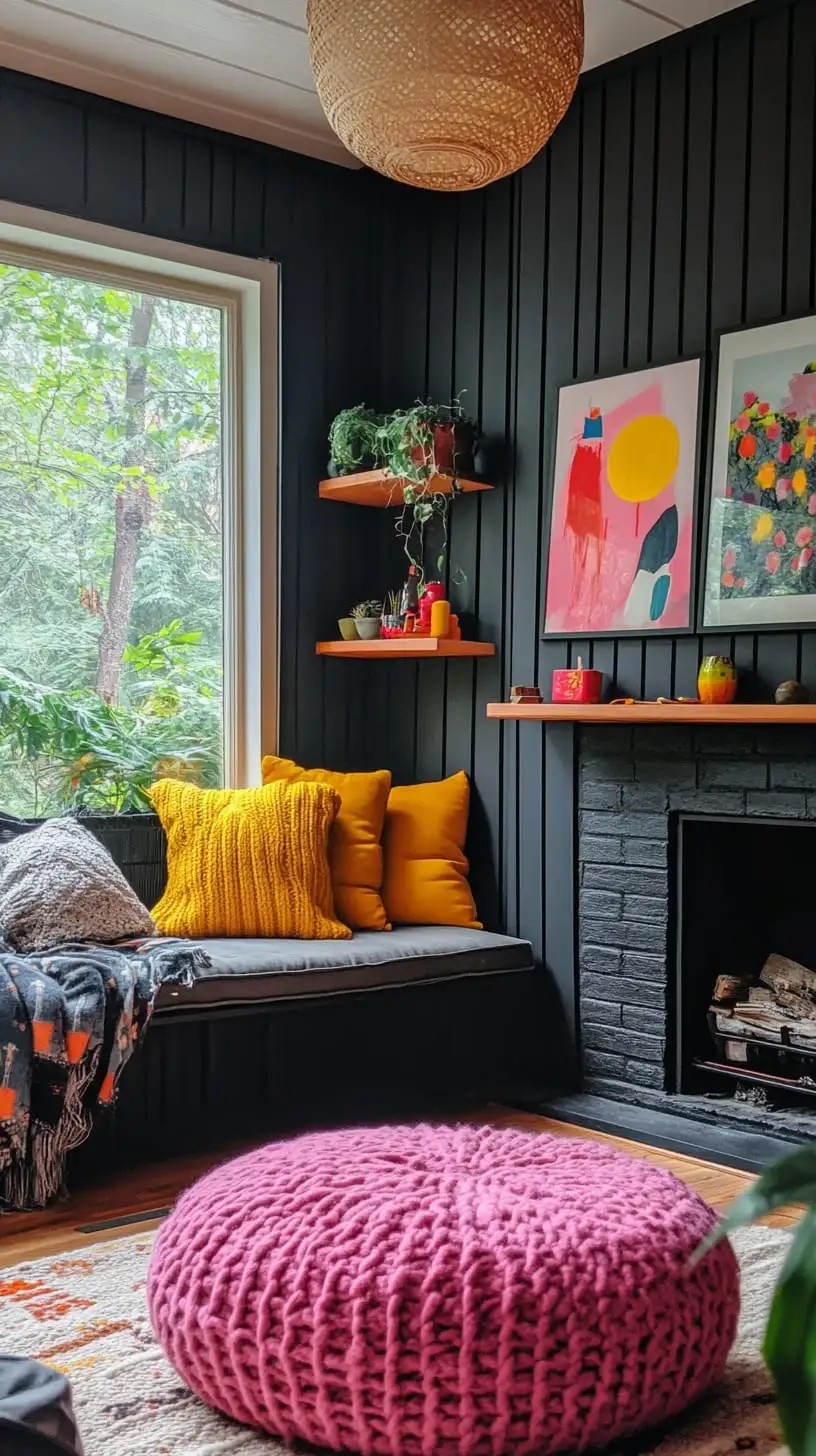 A modern cottage-core living room featuring black walls, a pink knitted ottoman, colorful artwork, a fireplace, and a cozy window seat with cushions.
