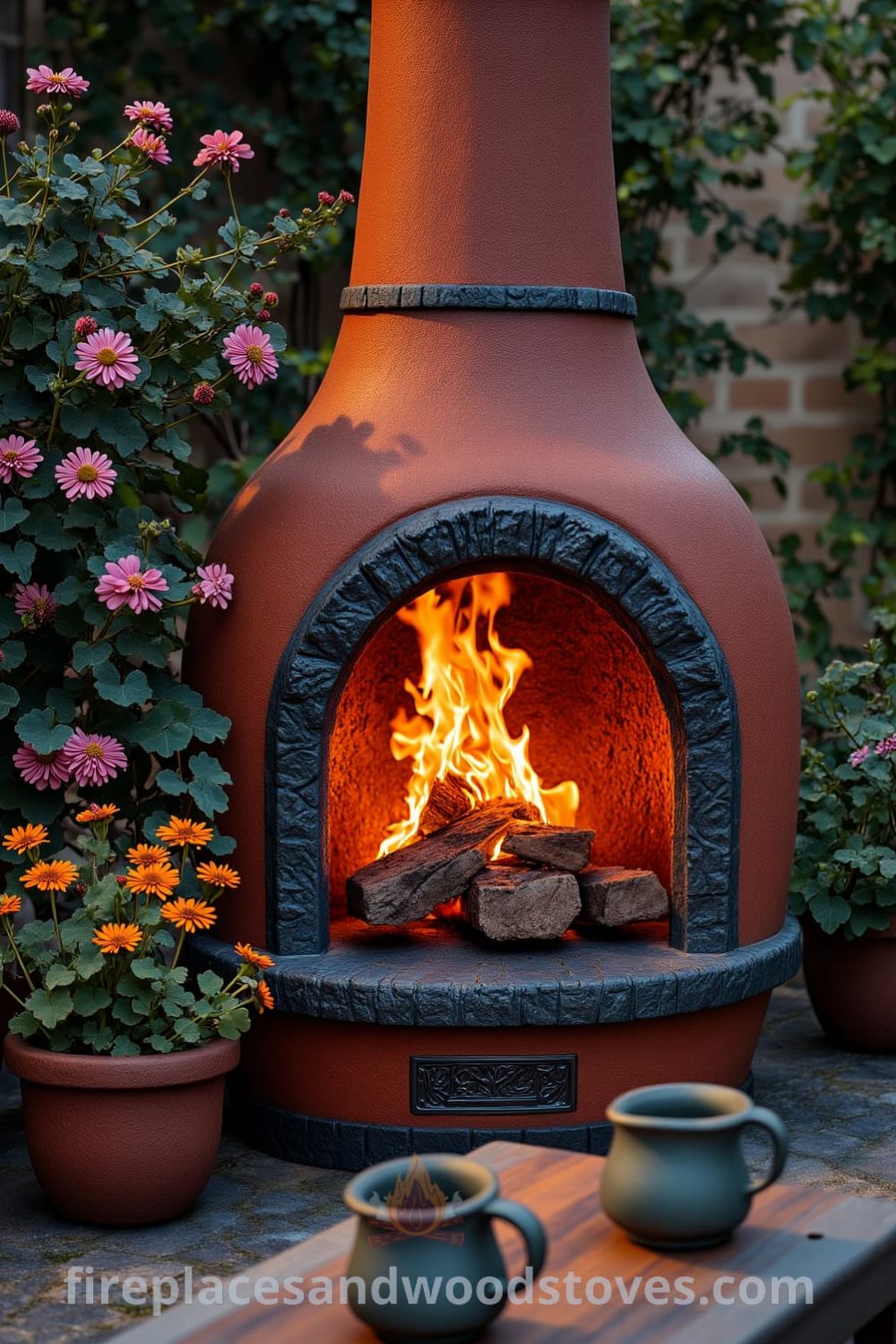 Charming chiminea-style outdoor fireplace on a stone-paved patio with flickering firelight illuminating a nearby wooden table with mismatched mugs, surrounded by gently swaying plants creating a cozy retreat, perfect for inspiring decor ideas for your home. Visit fireplacesandwoodstoves.com for more unique ideas.