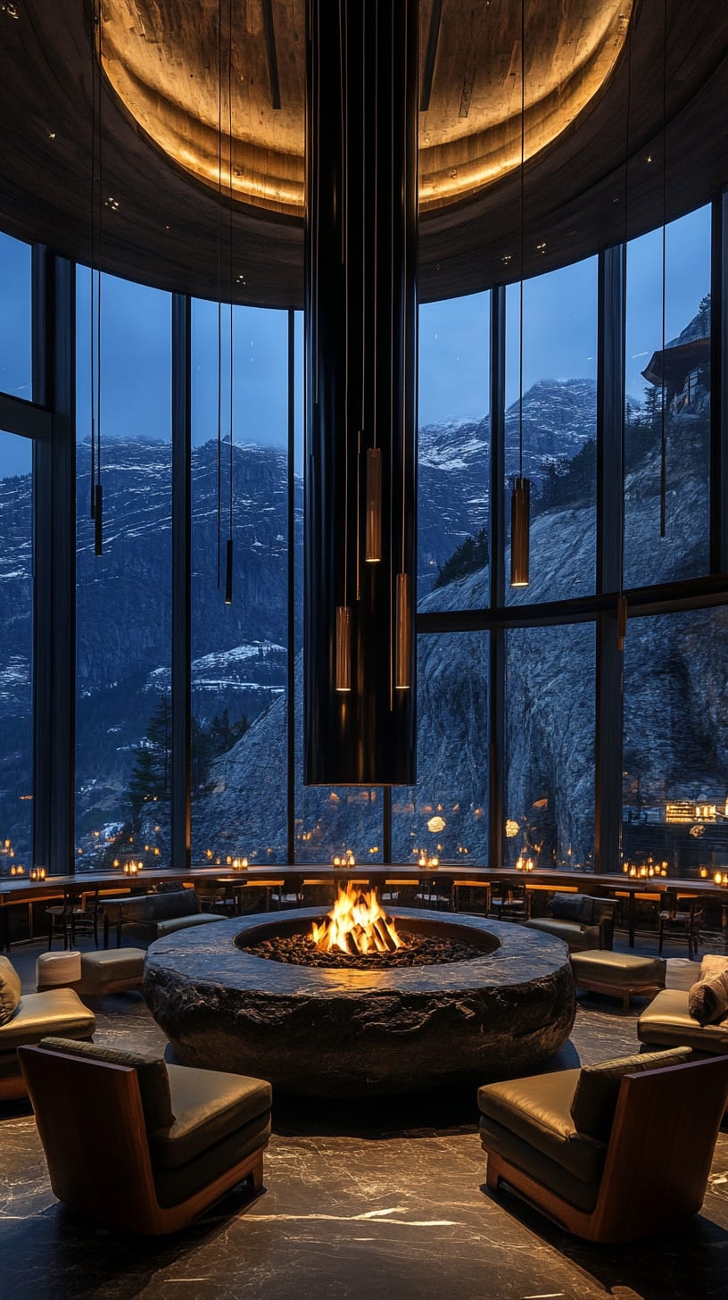 A luxurious hotel lounge featuring a large circular fireplace, leather chairs, and floor-to-ceiling windows overlooking snowy mountains at night.