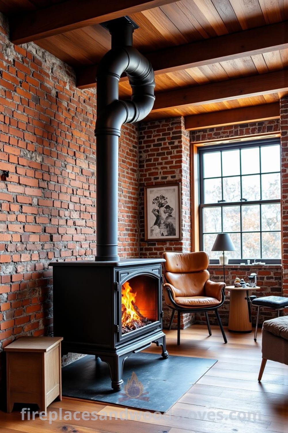 Industrial metal pipe woodstove fireplace in an urban loft with exposed wooden beams and a brick wall, surrounded by mismatched furniture; perfect for cozy ideas and inspiring decor inspirations for your home, available at fireplacesandwoodstoves.com.