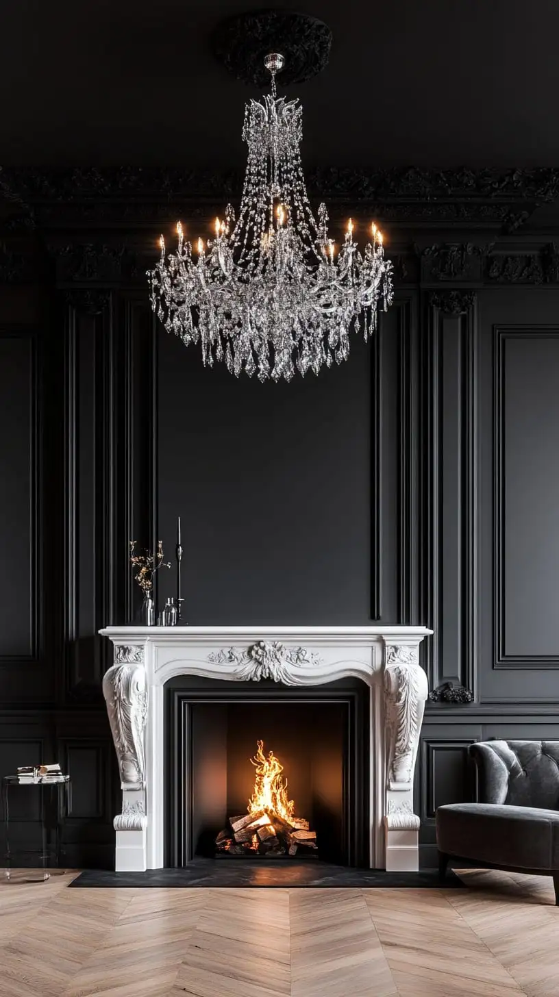 A luxurious living room featuring a black wall, white marble fireplace, crystal chandelier, and herringbone wood floor, showcasing a modern and sophisticated interior design.