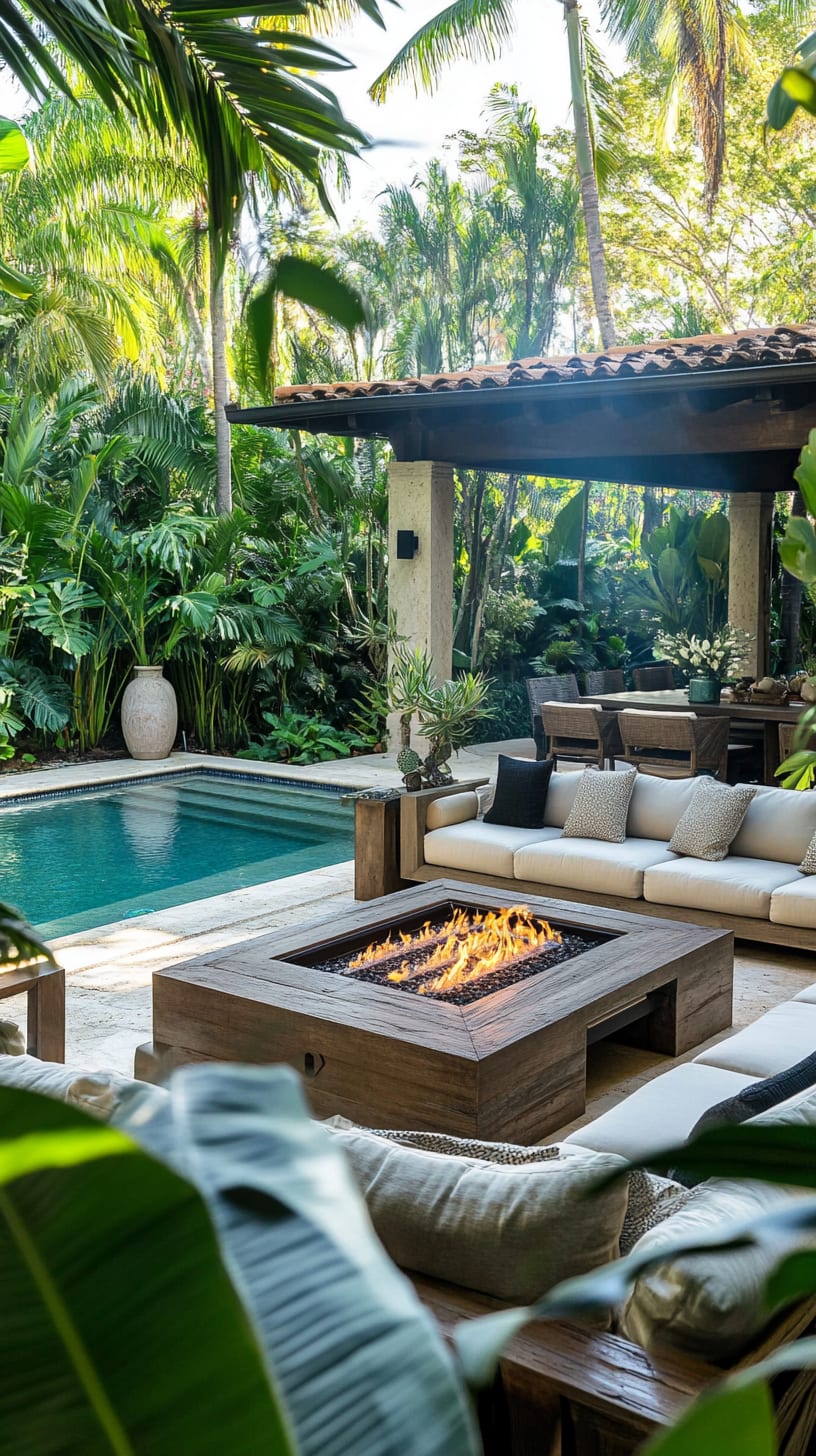 A luxurious outdoor living area featuring a pool, fire pit, comfortable seating, and lush tropical plants, designed for relaxation and entertaining.