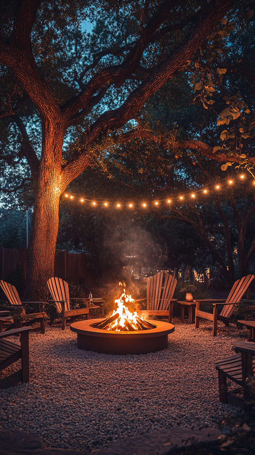 A cozy backyard setting featuring a fire pit surrounded by wooden chairs, illuminated by string lights under a starlit sky and large oak trees.