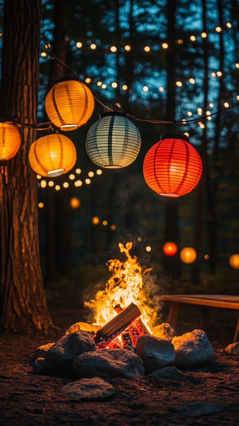 A cozy campfire scene surrounded by brightly colored lanterns, glowing warmly in the night forest, with a small bonfire crackling nearby.