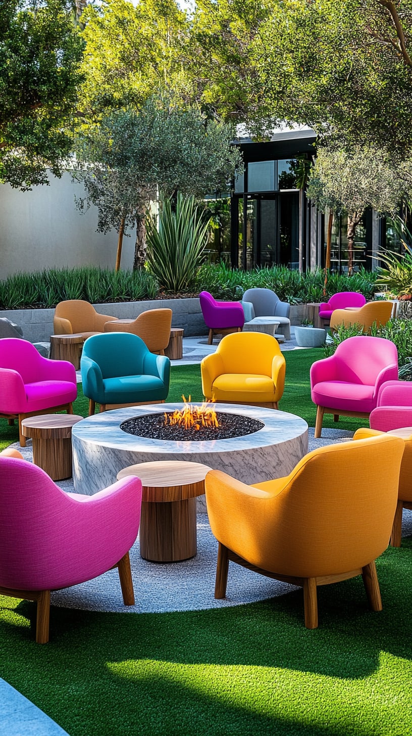 A colorful outdoor seating area with modern chairs and an elegant fire pit surrounded by lush green grass, designed for relaxation and social gatherings.