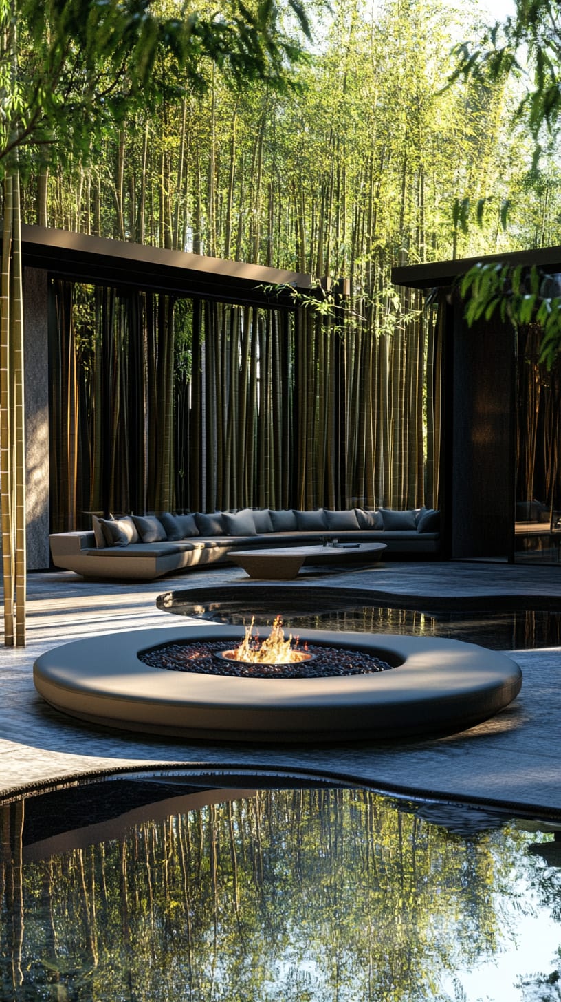 An elegant outdoor seating area featuring a black circular fire pit, surrounded by a bamboo forest and a reflecting pool, designed for relaxation and social gatherings.