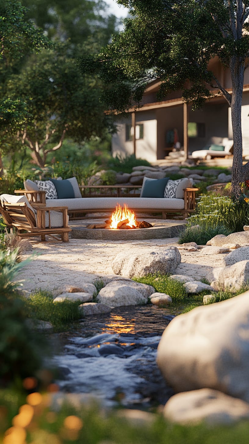 A cozy outdoor seating area with a fire pit, comfortable cushions, a small stream, and lush greenery, creating a tranquil relaxation space.