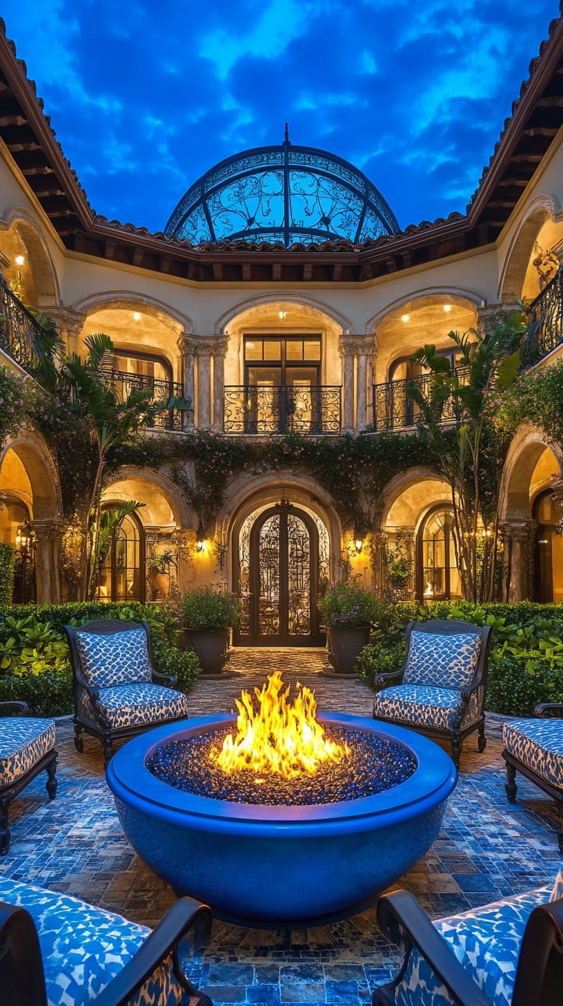 A luxurious outdoor courtyard featuring a blue fire pit surrounded by comfortable seating, lush greenery, and a glass dome, creating a warm and elegant atmosphere at night.