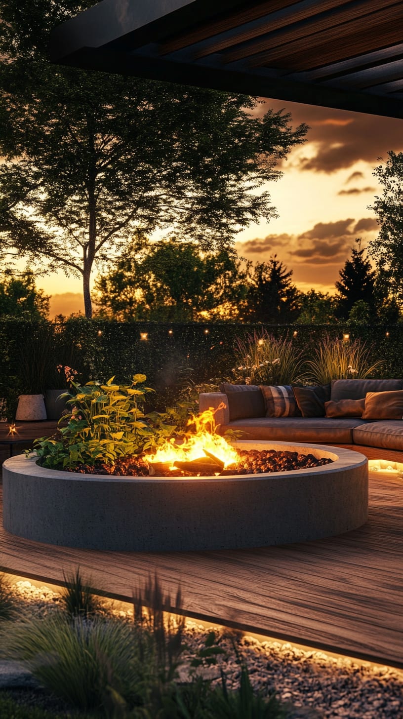 A serene outdoor garden with a round fire pit at sunset, surrounded by comfortable seating and lush greenery, creating a cozy atmosphere.