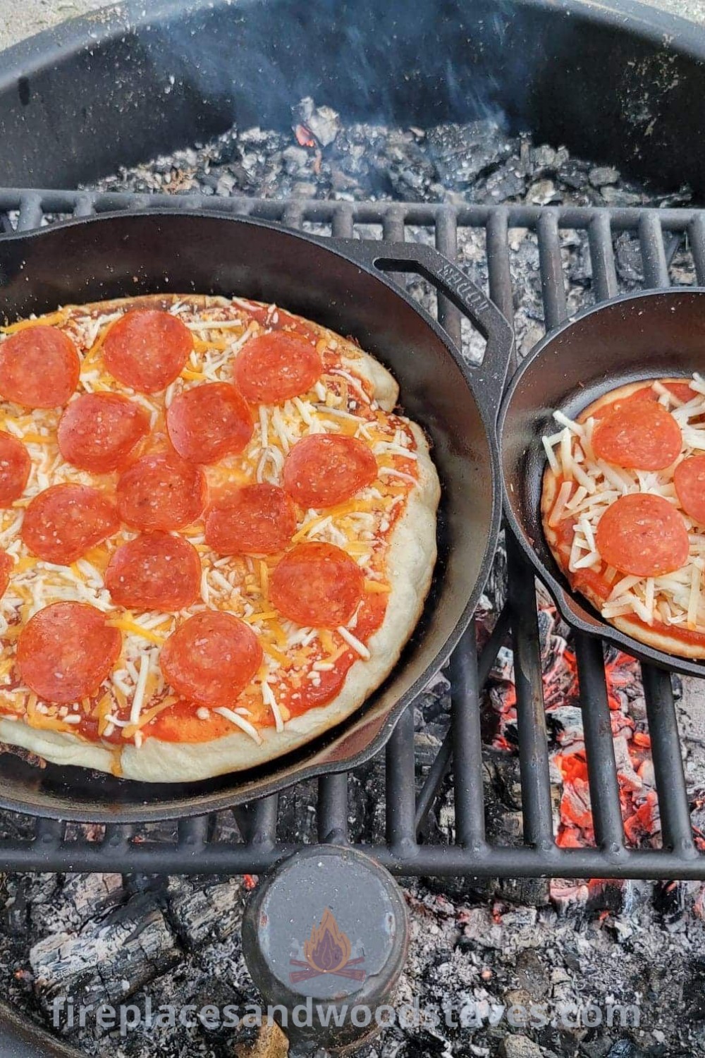 Two pepperoni pizzas are cooking on an outdoor grill, offering a cozy and creative dining experience perfect for entertaining guests. Explore stylish outdoor cooking ideas and transform your backyard into a culinary haven at patioandhomefurniture.com.
