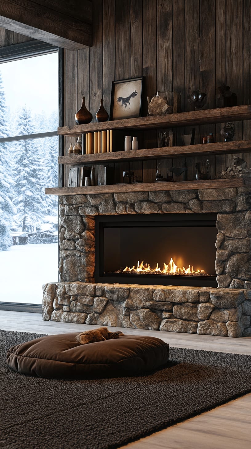 A modern rustic living room featuring a stone fireplace, a fluffy brown rug, and large windows showcasing a snowy landscape outside.