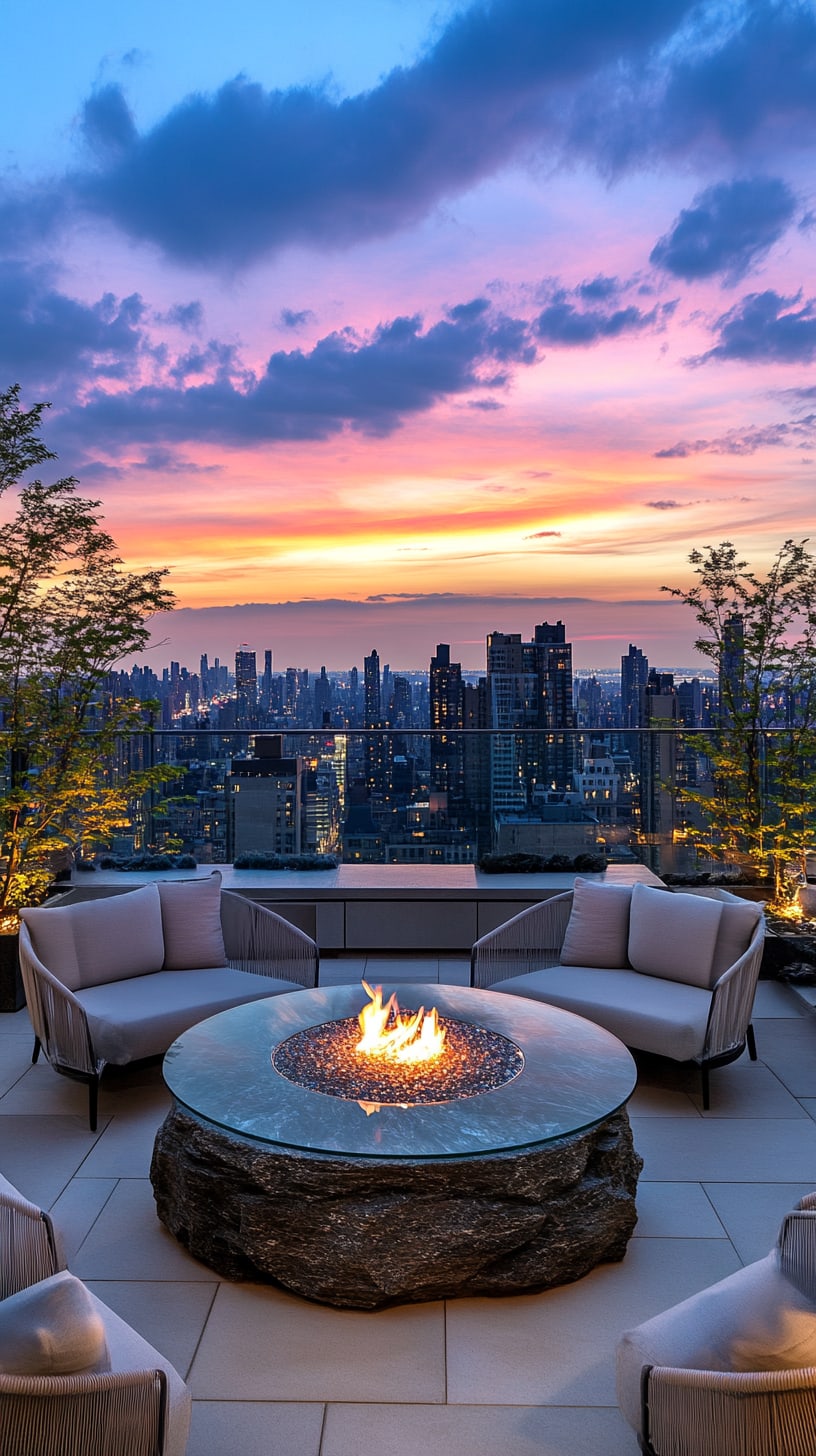 A rooftop terrace featuring a large stone fire pit, comfortable seating, and a stunning view of the city skyline at sunset, creating a cozy and inviting atmosphere.