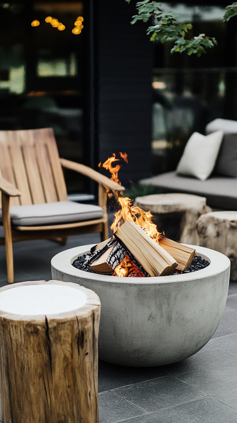 A modern concrete fire pit with burning flames, surrounded by round log seating and a rustic stone table, creating a cozy outdoor ambiance.