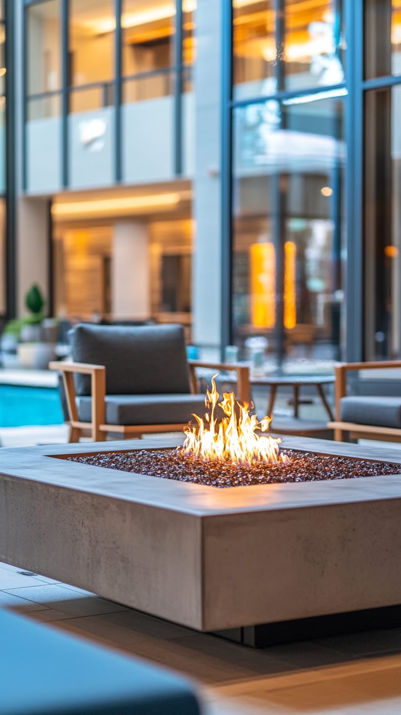 A modern hotel lobby featuring a concrete fire pit surrounded by comfortable seating and large windows overlooking an outdoor pool area.