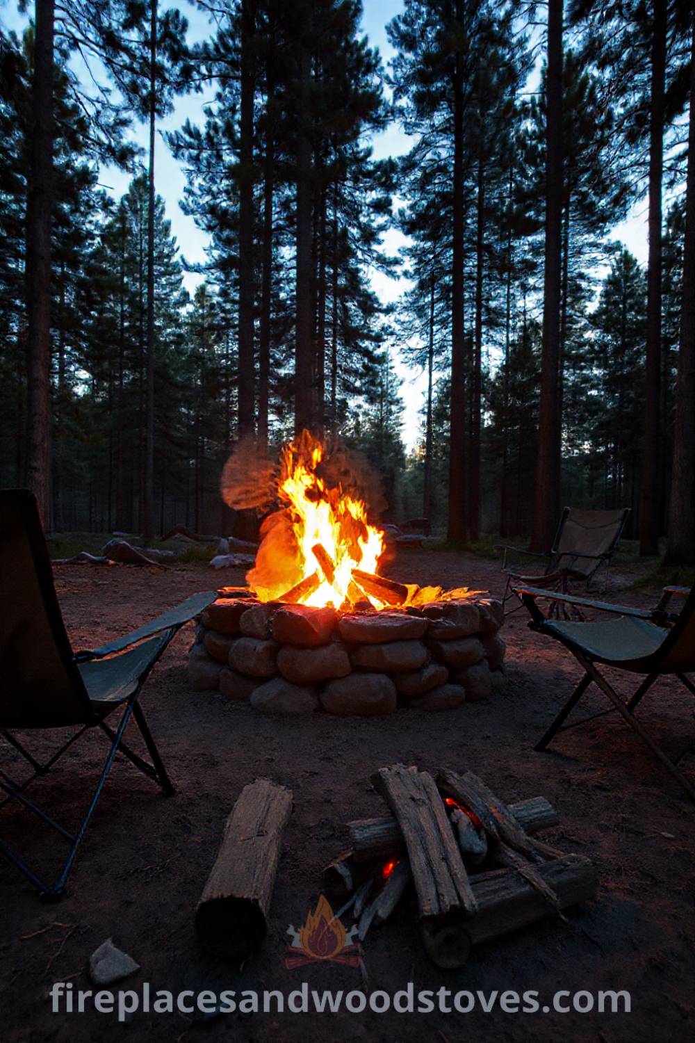 Rugged stone fire pit surrounded by tall pines at a cozy campsite, with camp chairs and firewood, ideal for creating warm, inviting outdoor gatherings. Visit patioandhomefurniture.com for incredible ideas that will wow your guests.