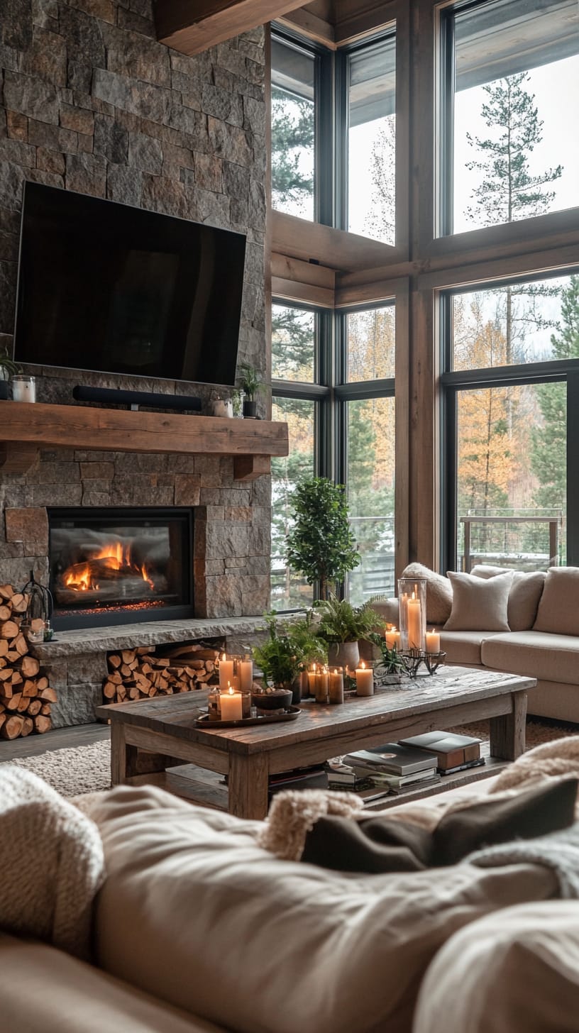 A cozy living room featuring large windows, a stone fireplace, beige sofas, and an autumn landscape outside.