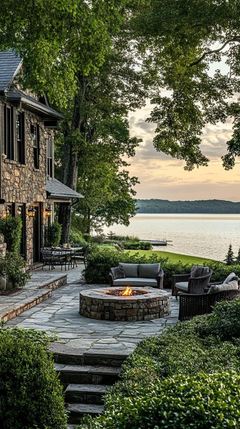 A stone house on the shore of Lake Phelps, featuring an outdoor fire pit and seating area, surrounded by greenery and overlooking the water at sunset.