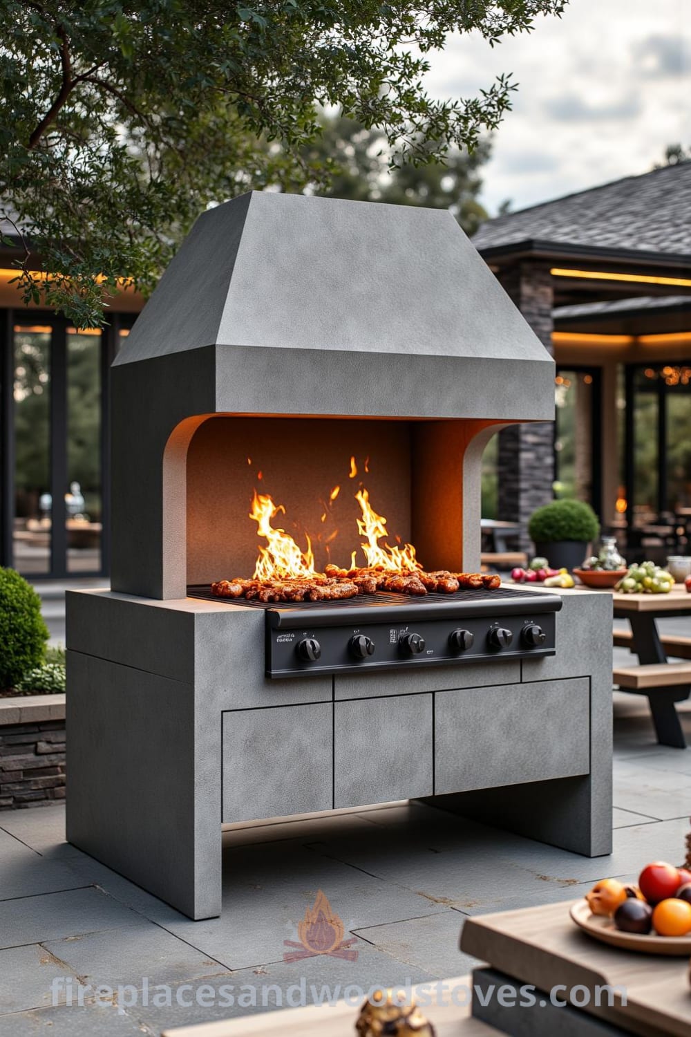 Modern outdoor barbecue on a spacious patio with concrete grill, friends gathered around a weathered picnic table filled with fresh ingredients, and flickering flames creating a warm, inviting atmosphere for summer gatherings. Cozy ideas for outdoor entertaining at fireplacesandwoodstoves.com.
