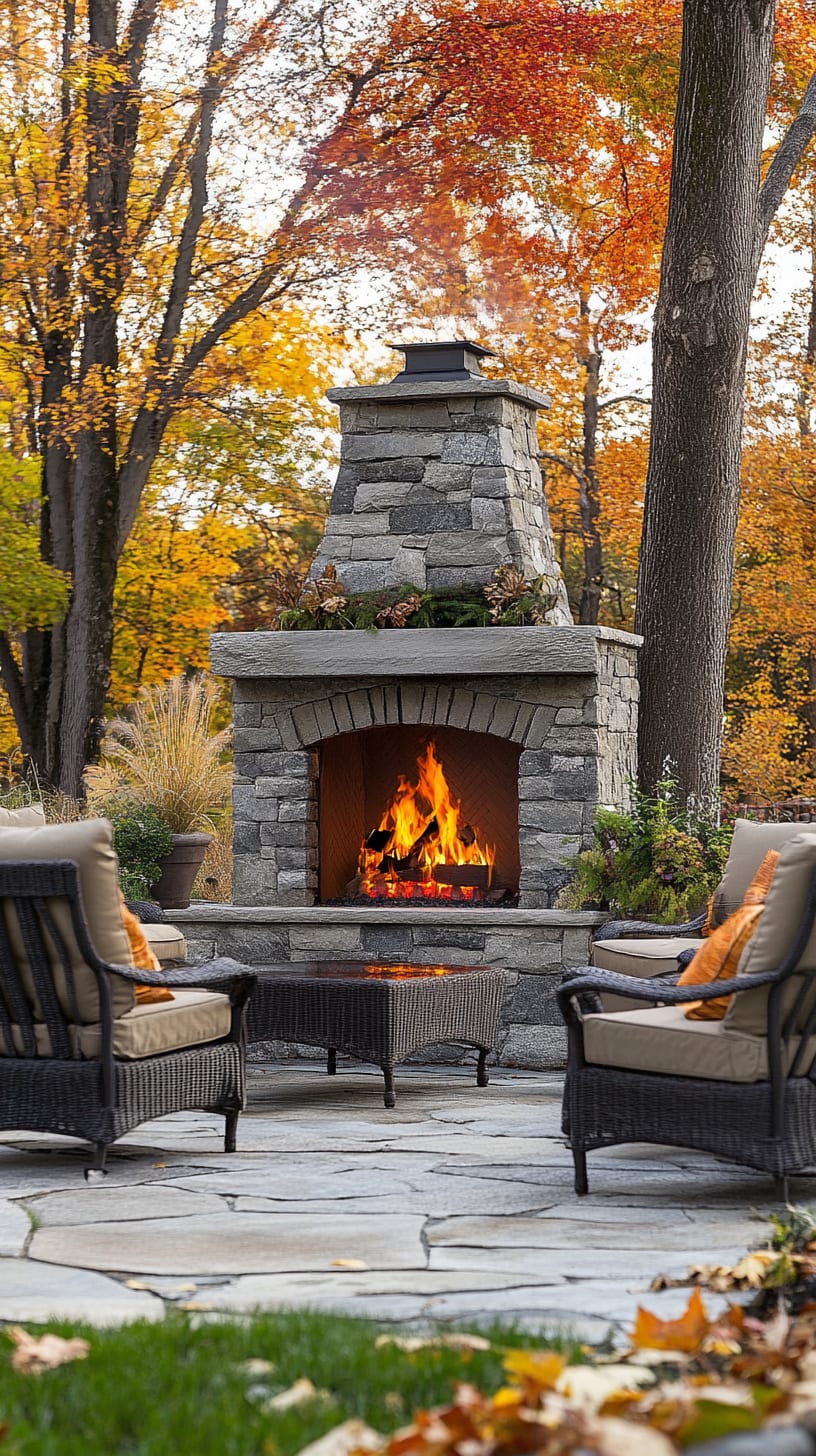 A stone outdoor fireplace surrounded by comfortable seating and colorful autumn foliage, creating a cozy and inviting atmosphere in a backyard setting.