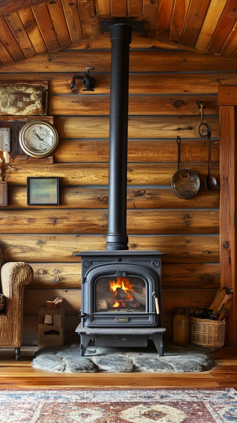 A cozy cabin interior featuring rustic wooden walls, an old-fashioned wood stove with firelight, and vintage decor including a decorative clock.