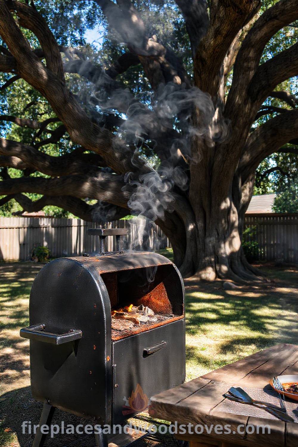 Barbecue smoker under an oak tree in a sunlit backyard, showcasing a cozy outdoor setup ready for gatherings with platters and utensils, perfect for inspiration on stylish designs transforming your backyard. Visit patioandhomefurniture.com for ideas you