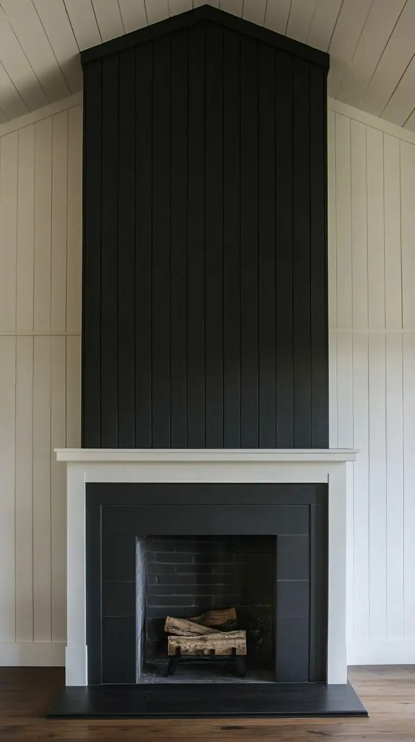 A tall black shiplap fireplace with white paneling, showcasing a modern farmhouse interior design.