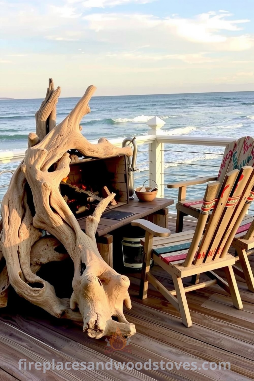 Coastal barbecue setup featuring sun-bleached driftwood, a crackling fire, weathered chairs with peeling paint, and the relaxing sound of waves, embodying a cozy vibe with unique decor ideas for your home on fireplacesandwoodstoves.com.