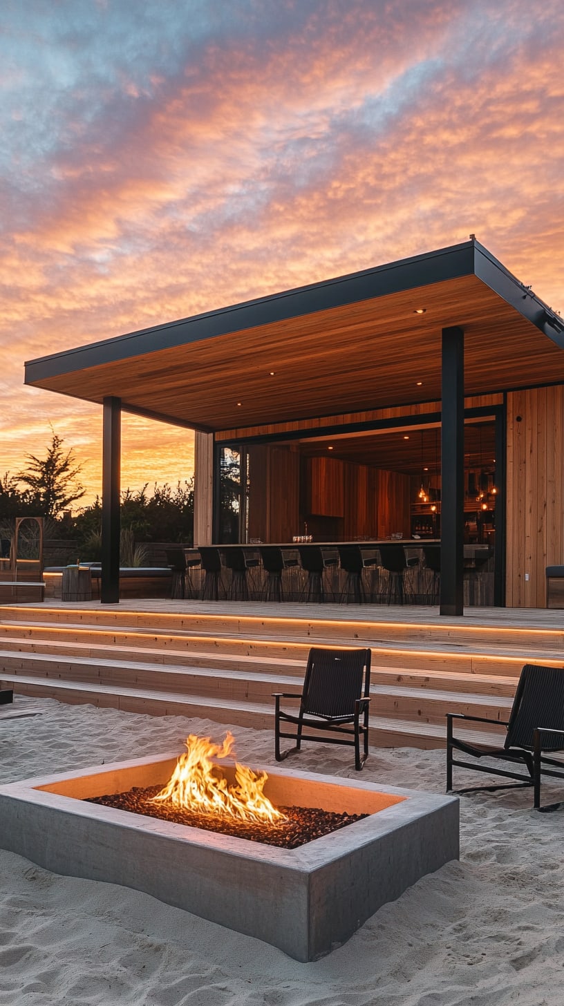 A modern outdoor bar with seating and a fire pit on the beach at sunset, featuring wooden accents and a serene atmosphere.