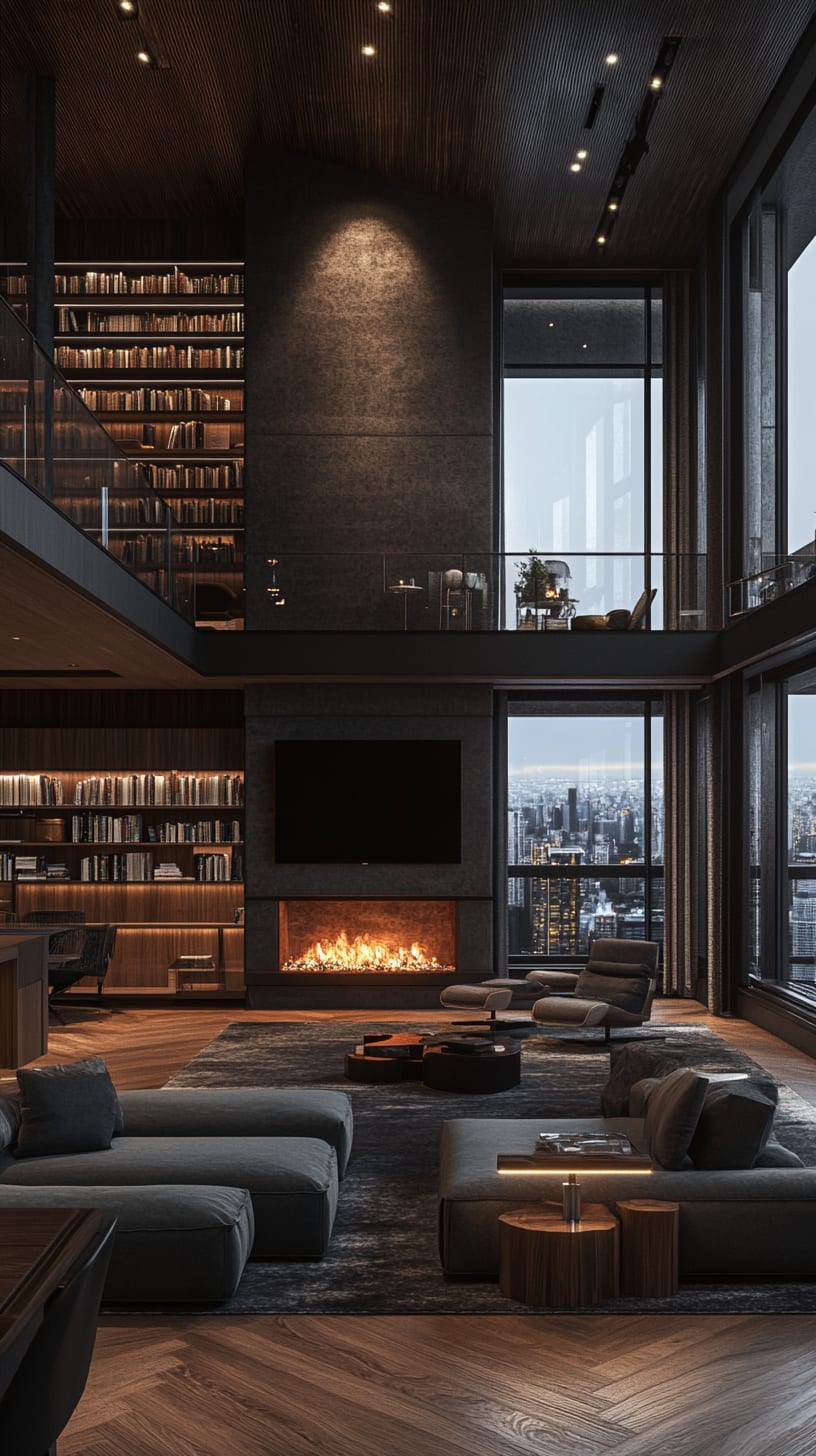 A luxurious penthouse living room featuring dark gray walls, floor-to-ceiling windows overlooking the city at night, a modern fireplace, and stylish furniture for a sophisticated atmosphere.