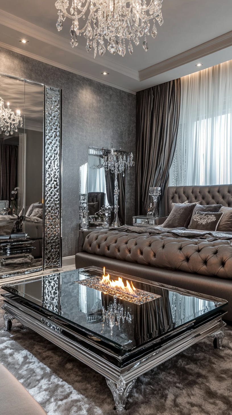 A luxurious living room featuring a black and silver glass coffee table, gray furniture, and a cozy fireplace, set in a modern design with mirrors and soft lighting.
