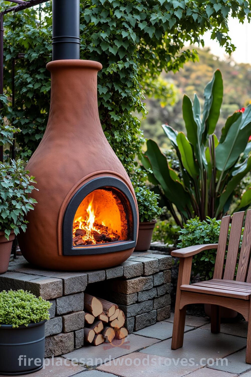 Charming chiminea-style outdoor fireplace in a cozy garden corner, featuring warm flames flickering inside a rustic clay structure, accompanied by mismatched wooden chairs and surrounded by lush plants, creating an inspiring atmosphere for gatherings. Visit fireplacesandwoodstoves.com for more cozy ideas and decor inspirations.