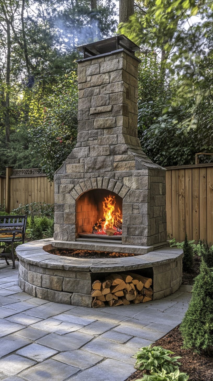 A cozy outdoor fireplace made of stone with built-in seating, set in a lush backyard, surrounded by greenery and producing a warm fire.