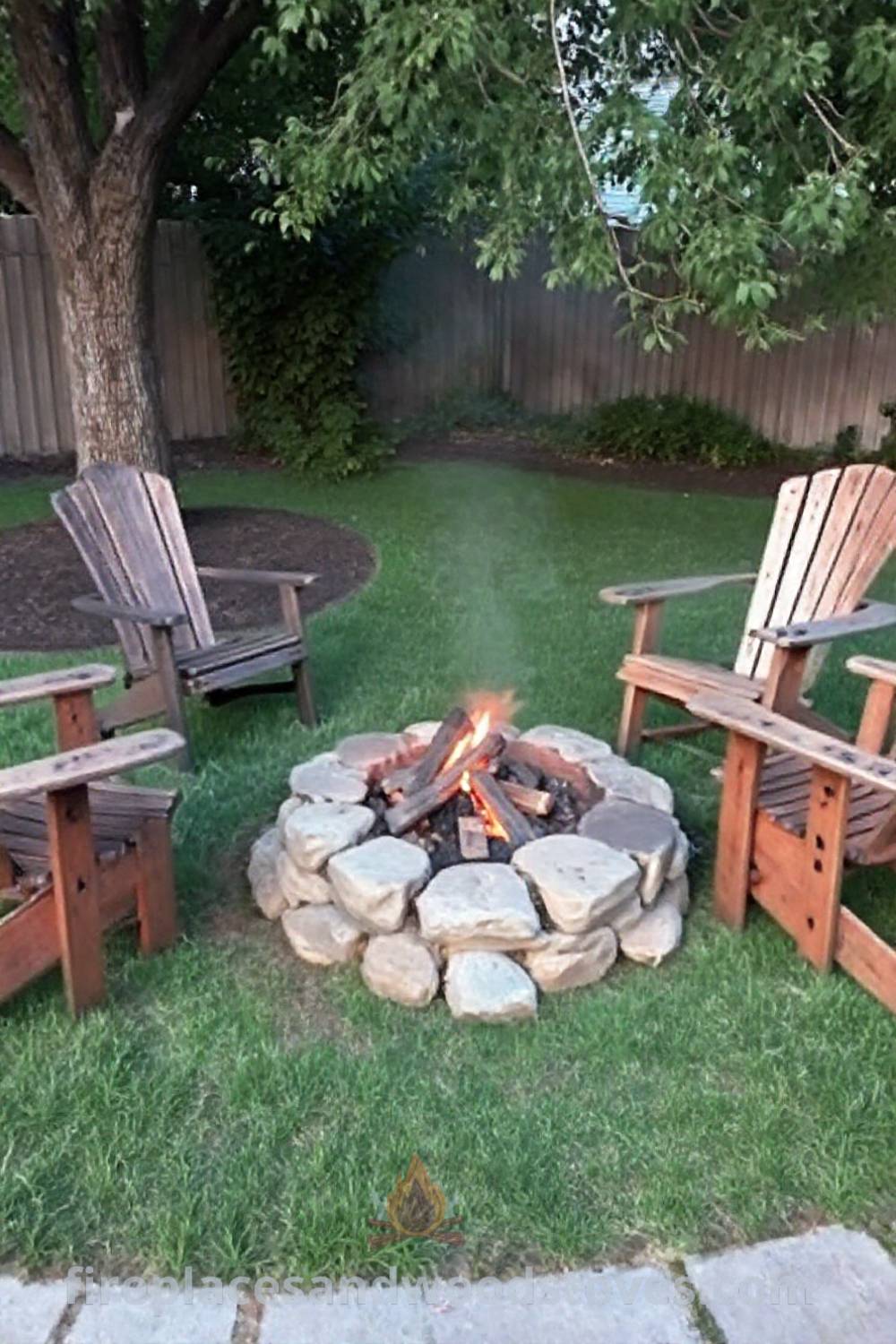 A cozy backyard fire pit with a stone base amid green grass, surrounded by mismatched wooden chairs, creating an inviting atmosphere for gatherings, providing ideas that will wow your guests. Visit patioandhomefurniture.com for stylish outdoor design inspiration.