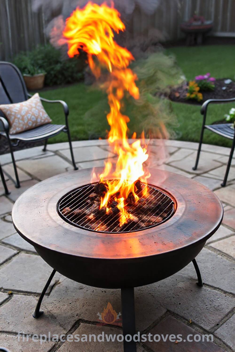 Durable metal fire pit with a charcoal-burning grill grate on a stone paver patio, surrounded by mismatched outdoor furniture, creating a cozy gathering space. Visit patioandhomefurniture.com for stylish ideas that will wow your guests and transform your backyard.