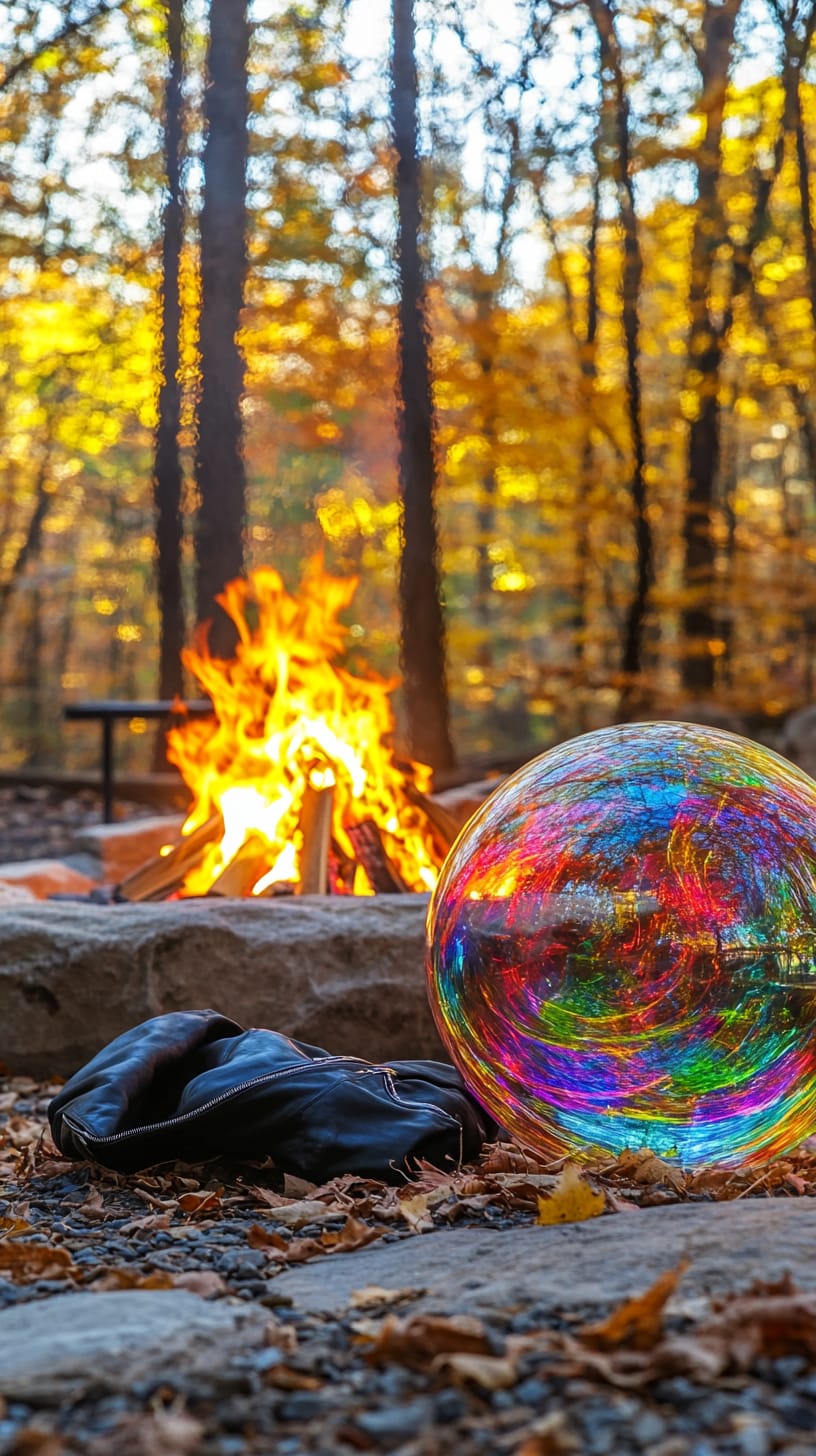 A large soap bubble next to a campfire surrounded by colorful autumn trees, with a serene atmosphere perfect for social gatherings.